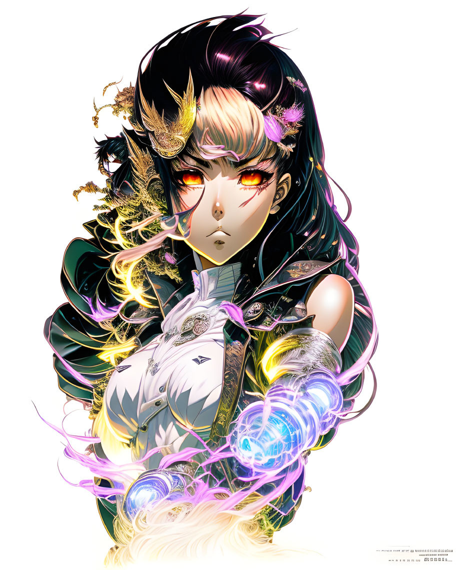 Stylized anime character with ornate headdress and glowing eyes