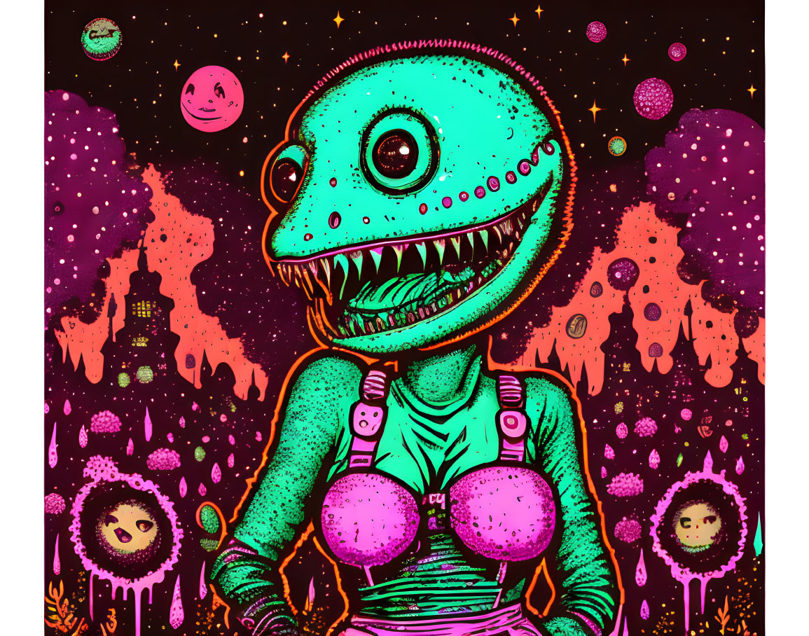 Whimsical dinosaur in overalls on vibrant, psychedelic background