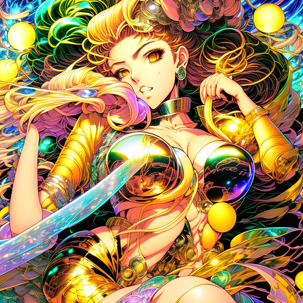 Colorful illustration of woman with golden hair and attire in dynamic swirls