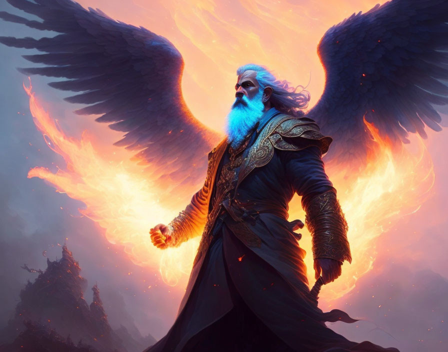 Majestic figure with glowing orb, black wings, blue beard, and ornate armor