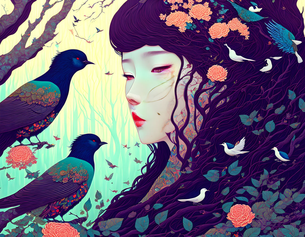 Illustration of Woman with Flowing Hair and Vibrant Blue Birds