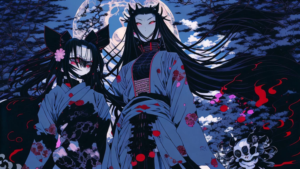 Stylized animated characters in Japanese attire under a full moon