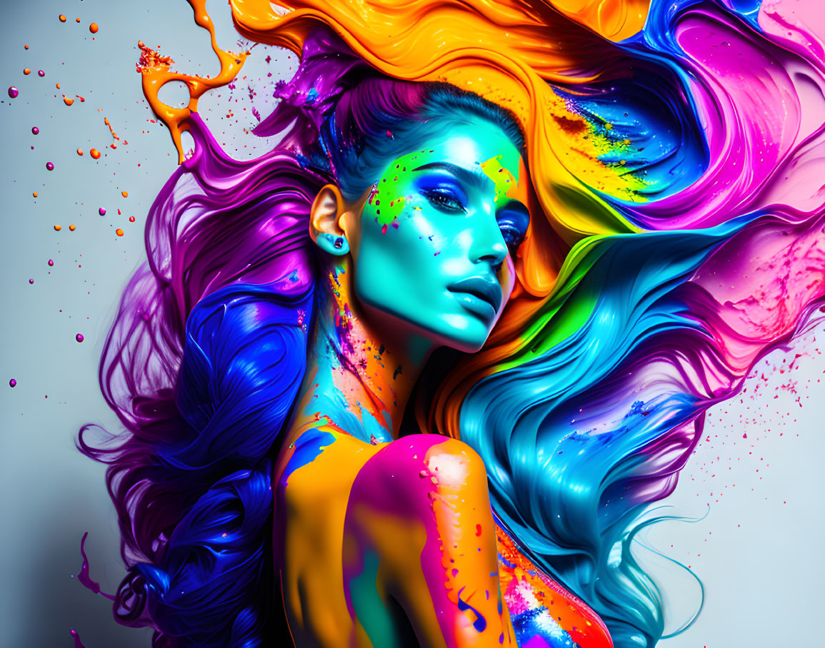 Colorful paint splashes and swirls on woman create vibrant portrait