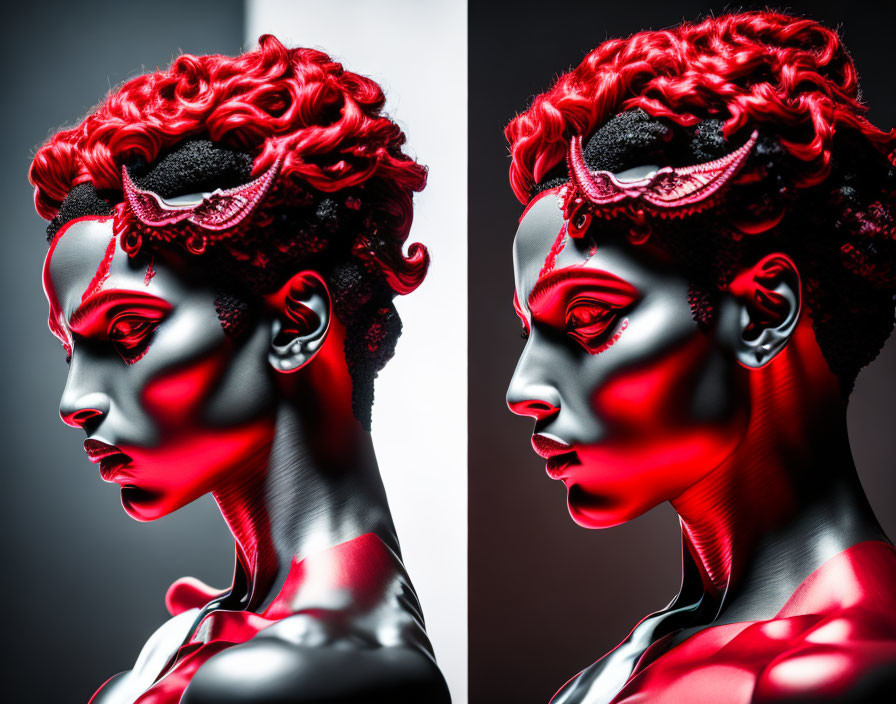 Stylized profile portrait with red lighting accents and elaborate hair against black and white contrast