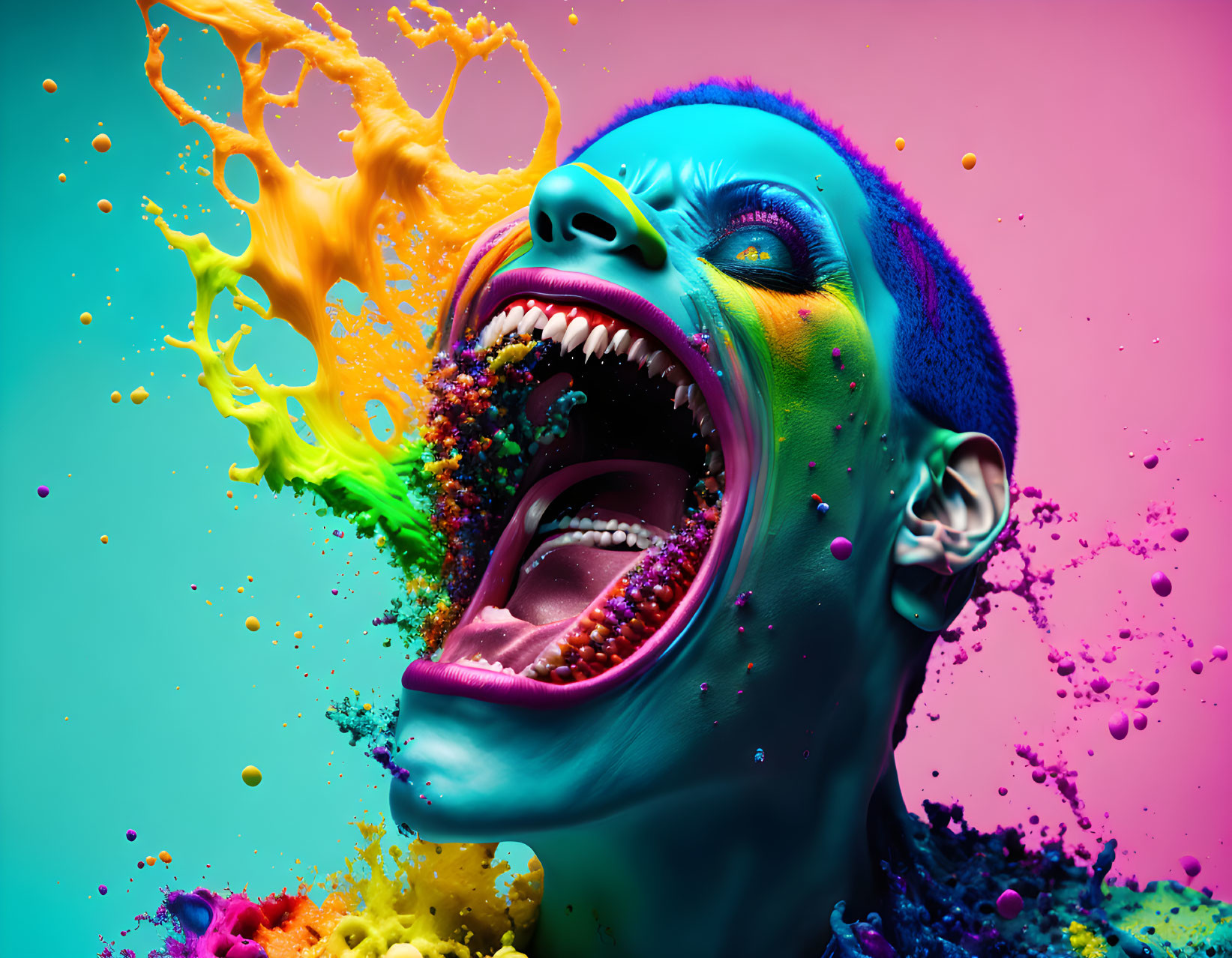 Colorful Face Paint and Liquid Splashes Surround Energetic Person