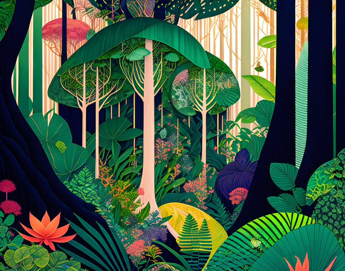 Colorful stylized forest illustration with diverse flora in shades of green, blue, and pink