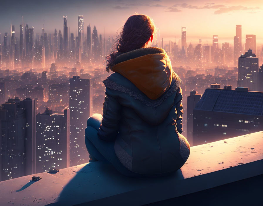 Person in jacket gazes over cityscape at twilight