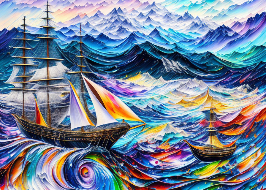 Colorful surreal artwork: stylized ships on swirling sea, exaggerated waves, layered mountains.