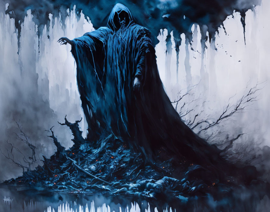 Cloaked Figure in Icy Stalactites and Misty Forest