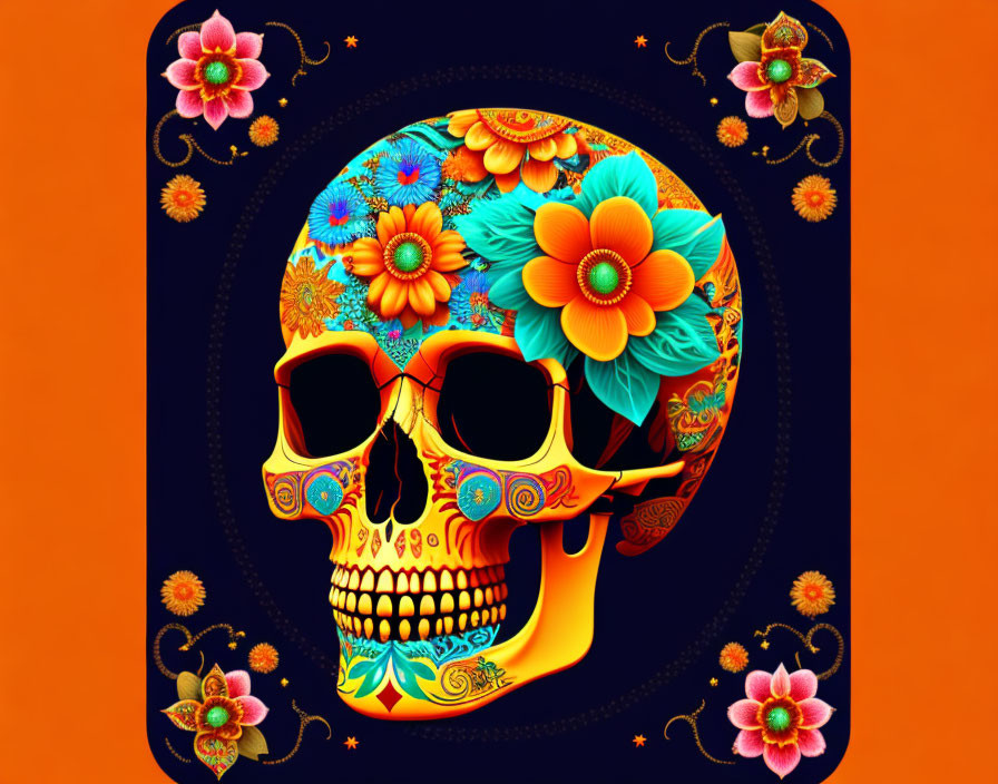 Colorful Floral Skull Illustration in Orange, Blue, and Yellow