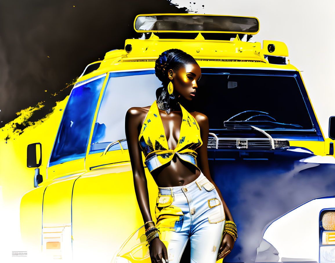 Stylized image of woman in yellow halter top and jeans by yellow vehicle