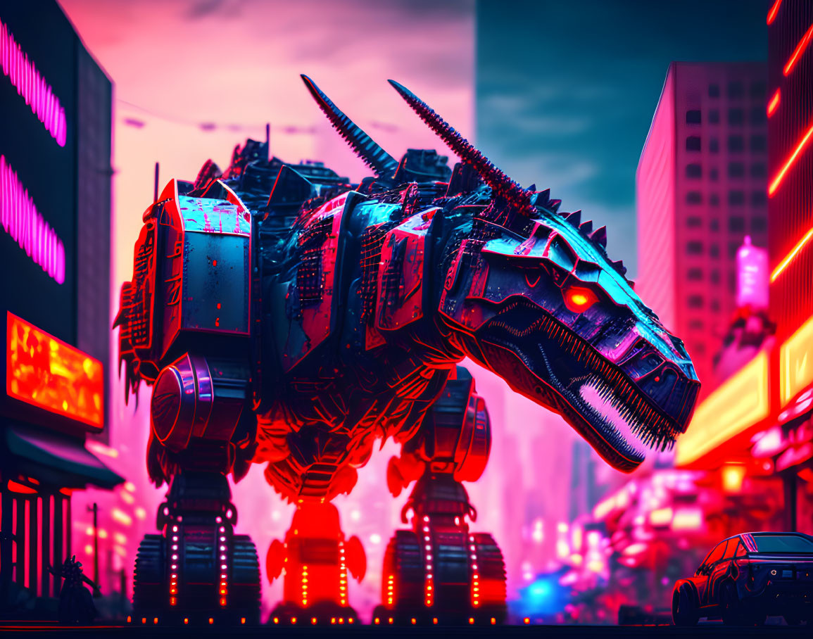 Giant Cyberpunk T-Rex Roams Neon Cityscape