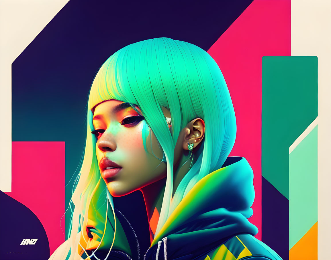 Vibrant digital portrait with turquoise hair and rainbow jacket