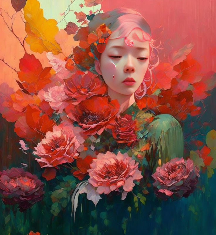 Portrait of woman with serene expression among vibrant red and pink flowers