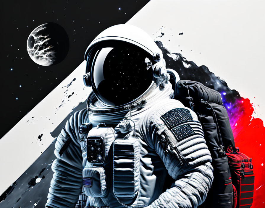 Detailed astronaut in space suit against colorful cosmic backdrop with moon.