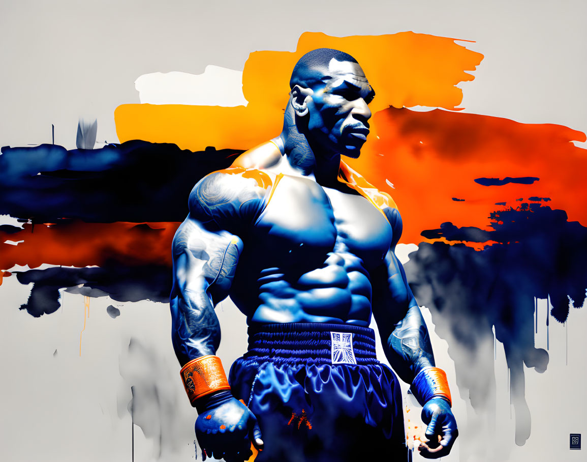 Muscular Boxer in Gloves on Vibrant Paint Splatter Background