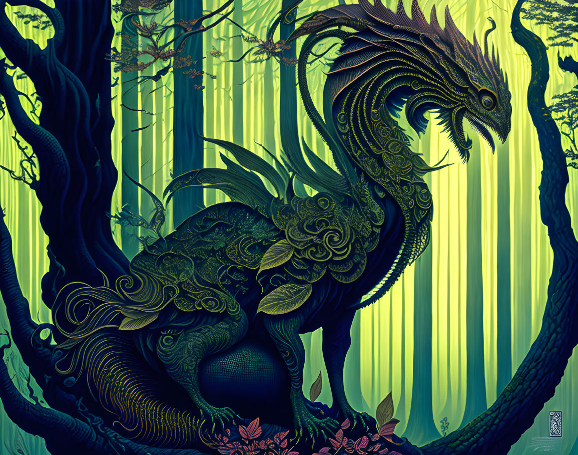 Ornate dragon intertwined with ancient trees in mystical forest