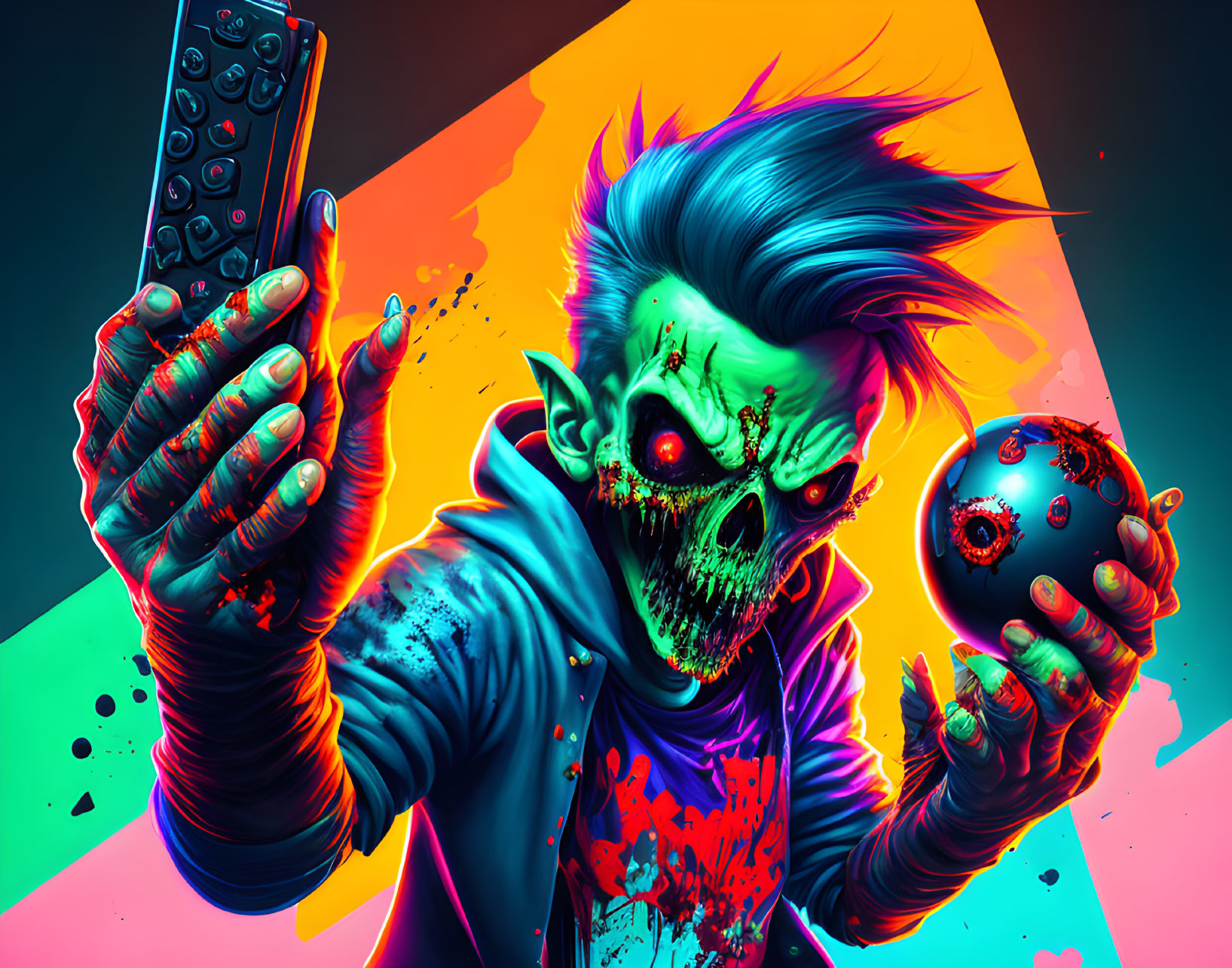 Colorful digital artwork: zombie with mohawk, remote, and bomb on vibrant background