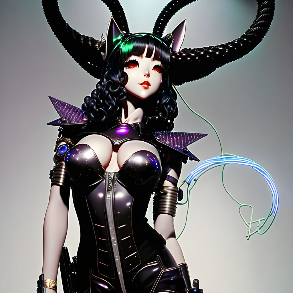 Futuristic female character with horn-like braids and cat ears in black armor