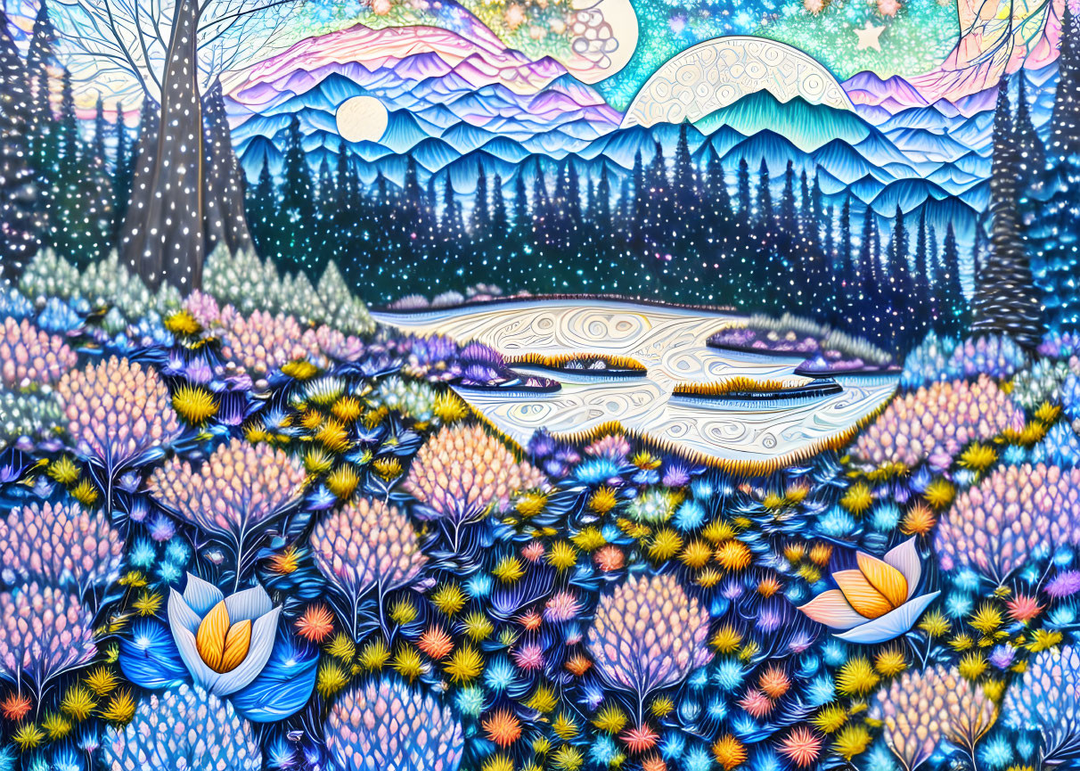 Colorful digital artwork: Stylized trees, reflective water, vibrant flora under starry sky