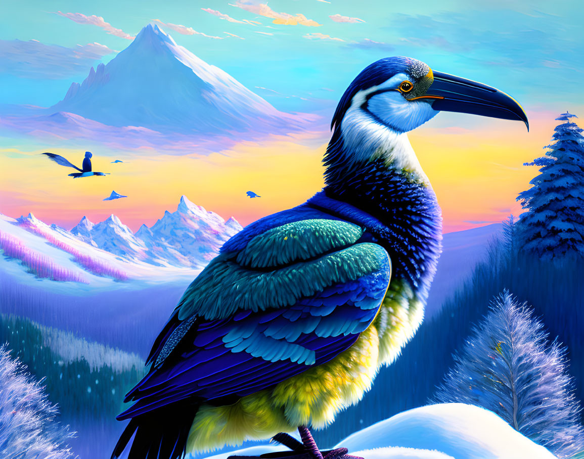 Colorful bird against snowy mountain sunset