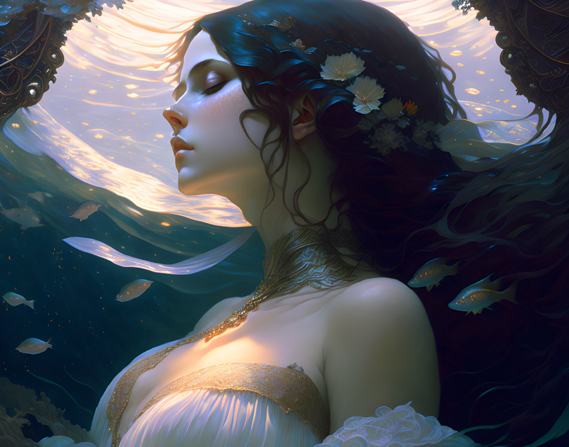 Ethereal woman with flowery adornments and golden jewelry surrounded by fish and ornate details.