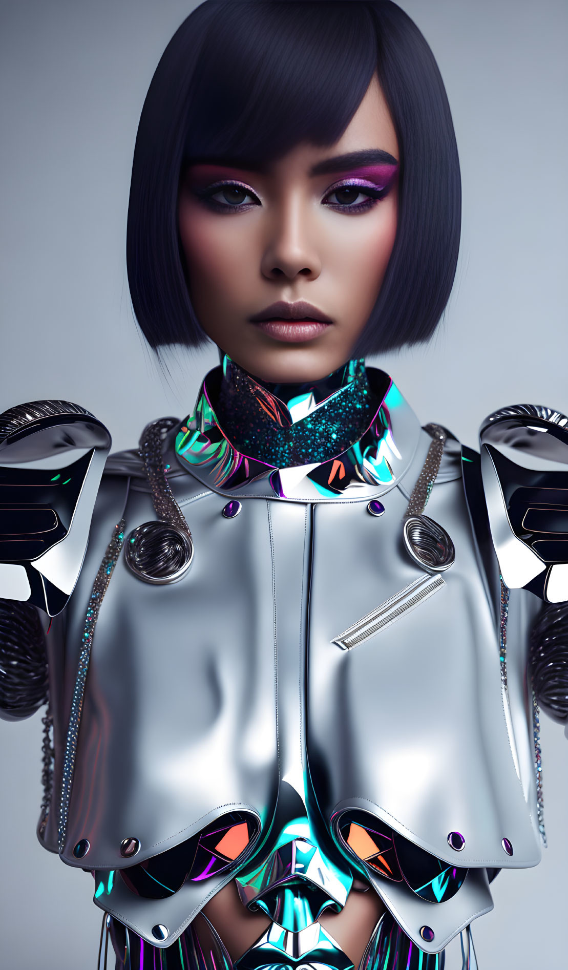 Futuristic woman with sleek bob haircut and metallic armor outfit