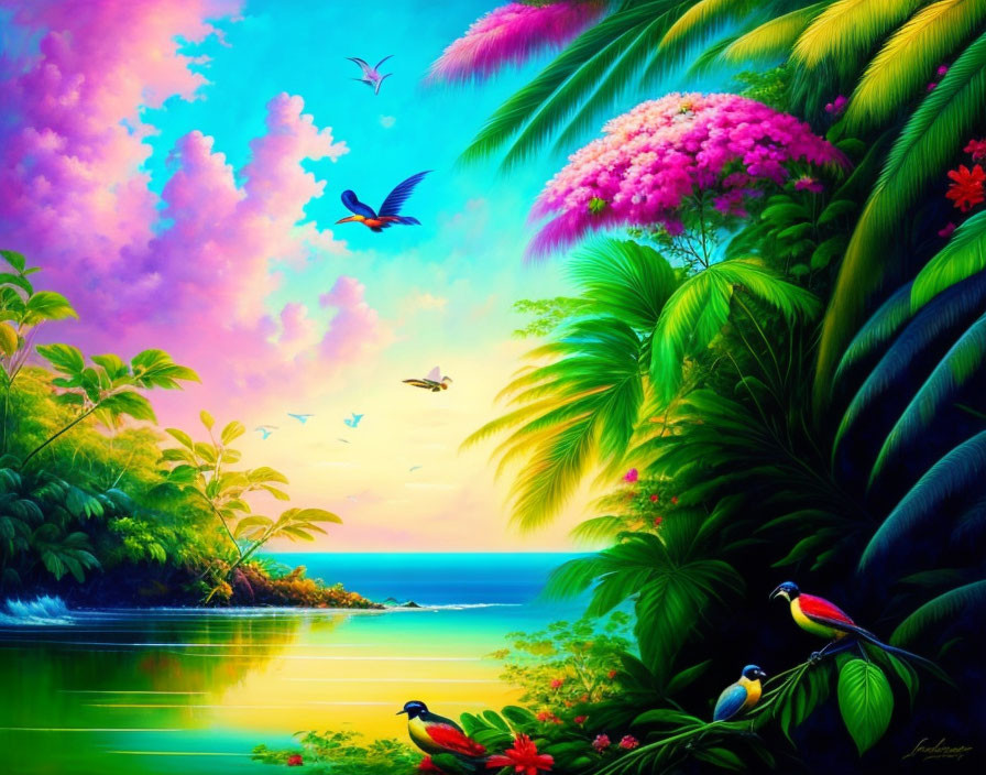 Tropical Paradise with Birds, Colorful Sky, Green Foliage, and Blue Sea