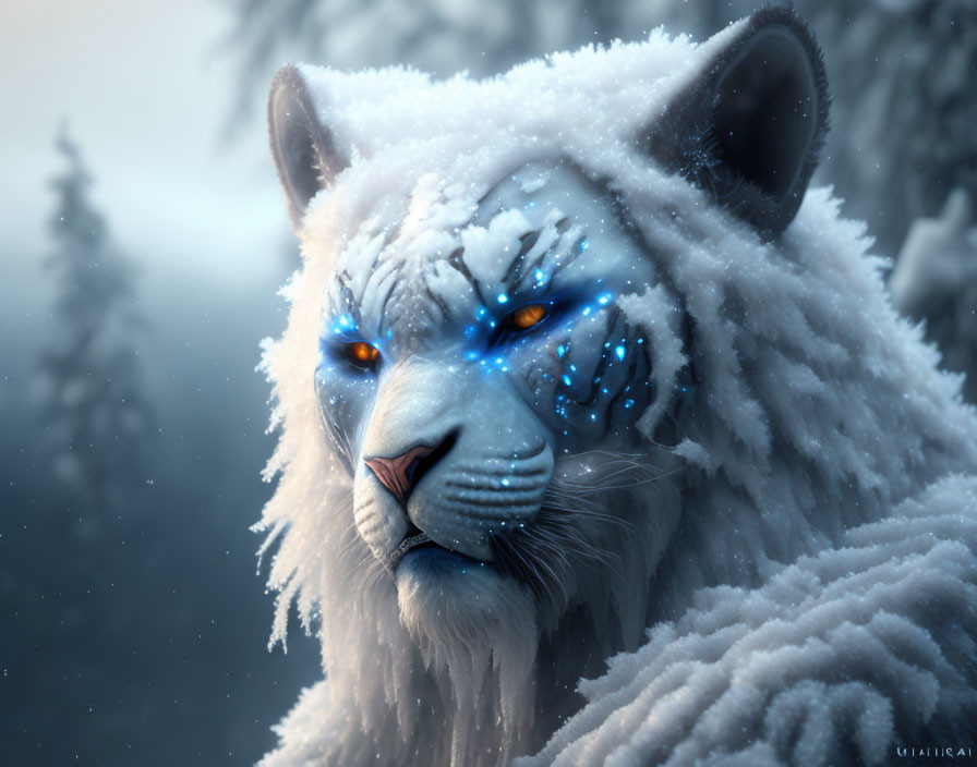 White Tiger with Glowing Blue Eyes and Snowflakes in Winter Forest