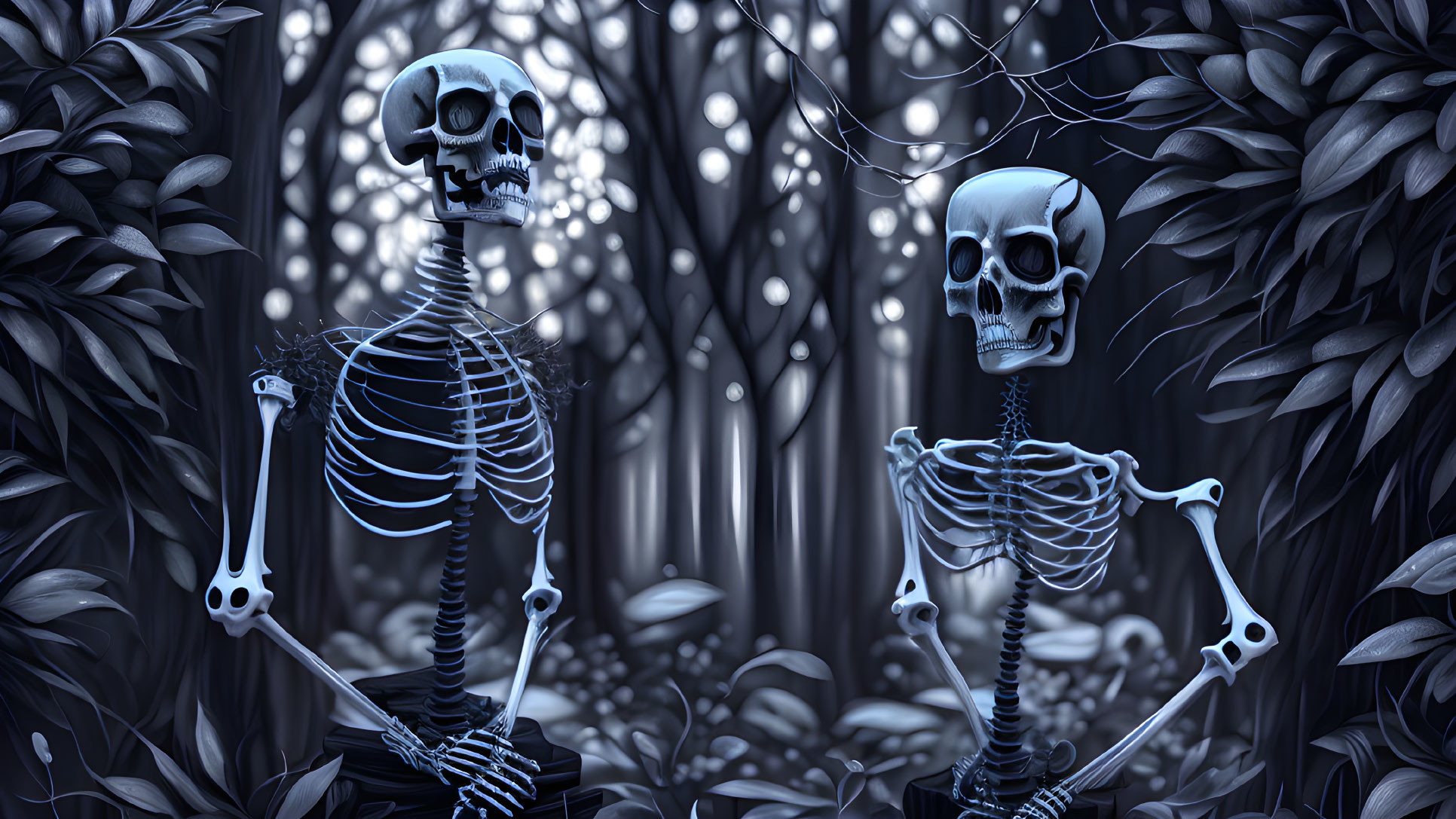 Glowing-eyed skeletons in dark forest with foliage and shimmering lights