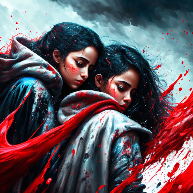 Identical women in grey cloaks with red splashes.