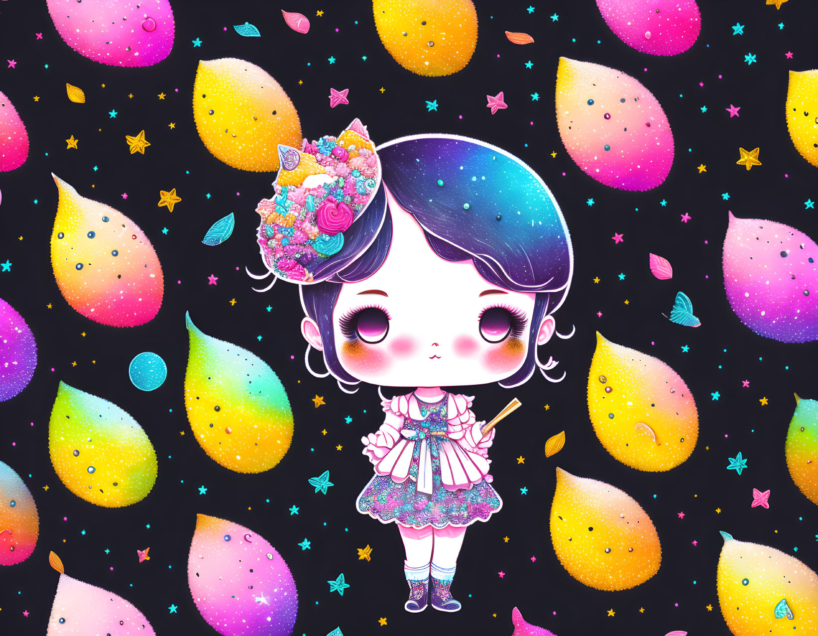 Vibrant illustration of cute girl with cosmic hair and fruits on dark background