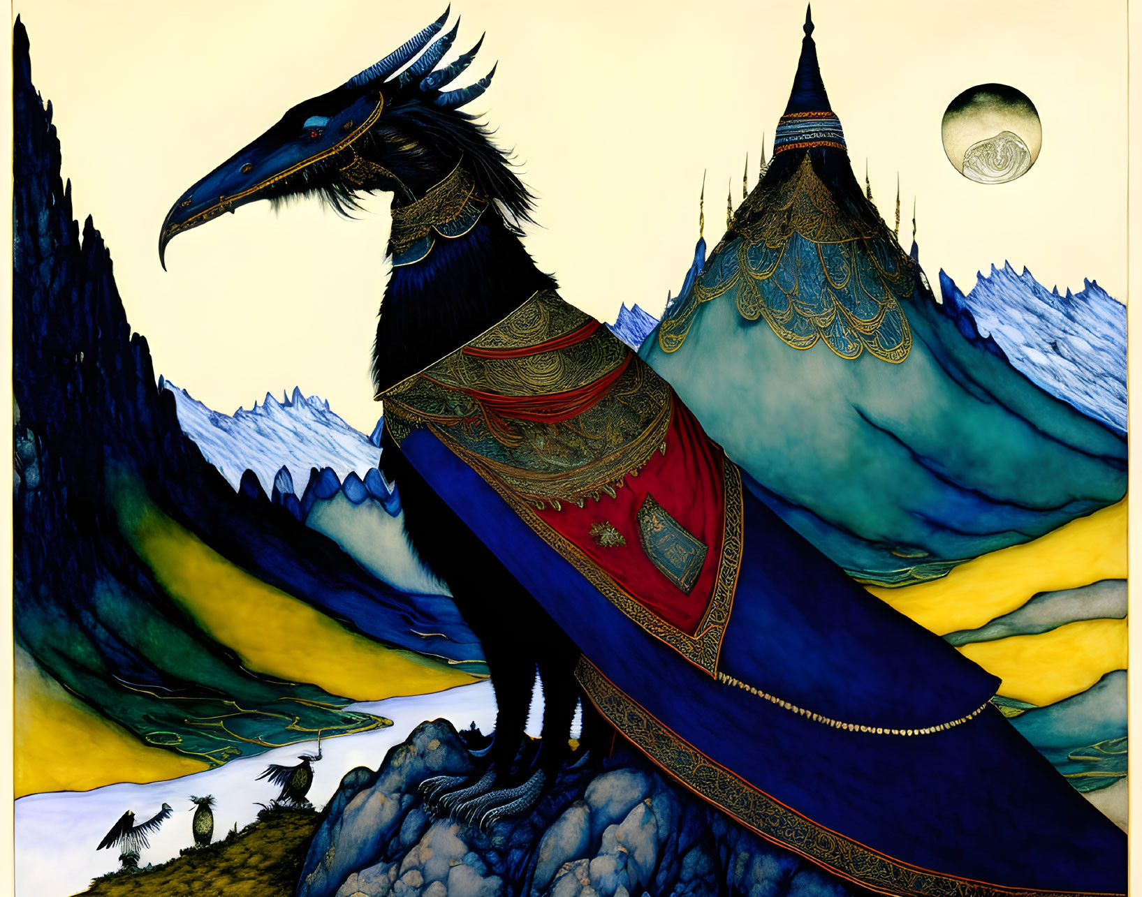 Regal black bird in ornate attire in mountainous landscape