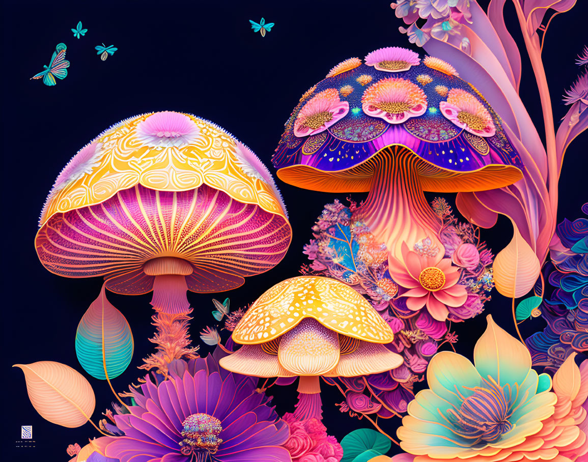 Colorful digital artwork featuring whimsical mushrooms, flora, neon colors, and butterflies