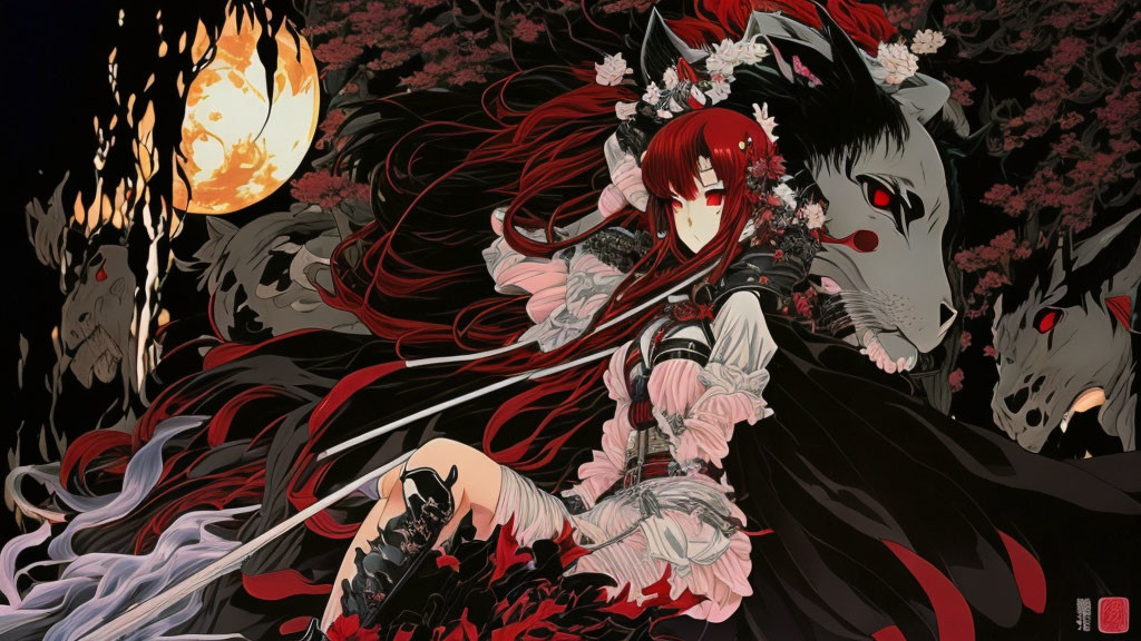 Illustration of woman with red hair in black and pink dress, mythical wolves, full moon, and