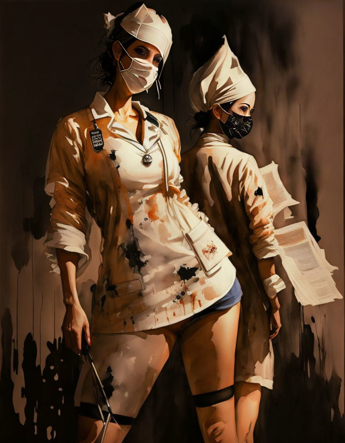 Stylized women in nurse outfits with ink splatters on shadowy background