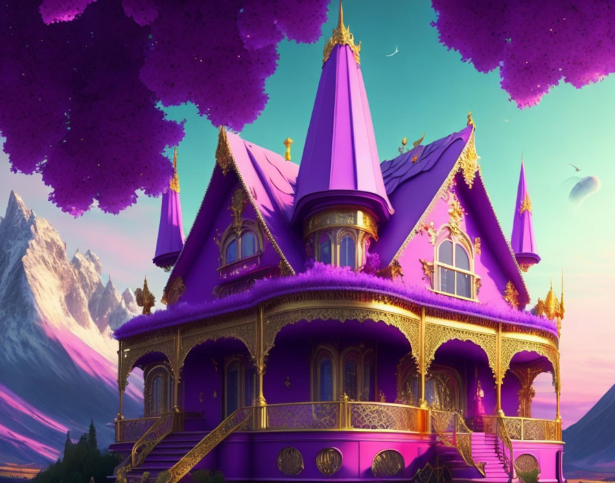 Fantasy castle with purple roofs and golden accents in mountainous twilight scene