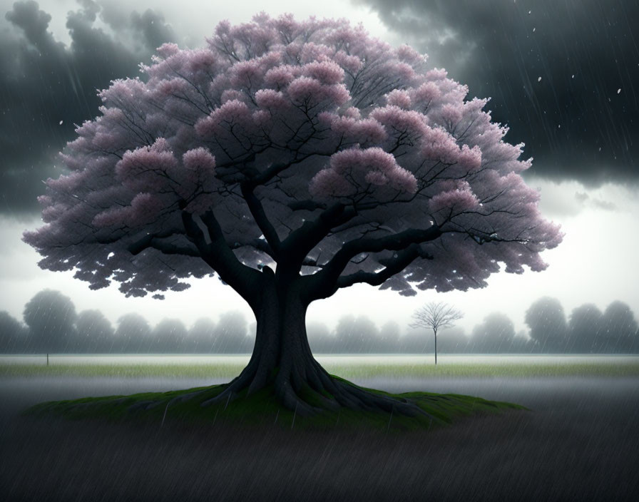 Solitary tree with pink blossoms in stormy sky and pouring rain