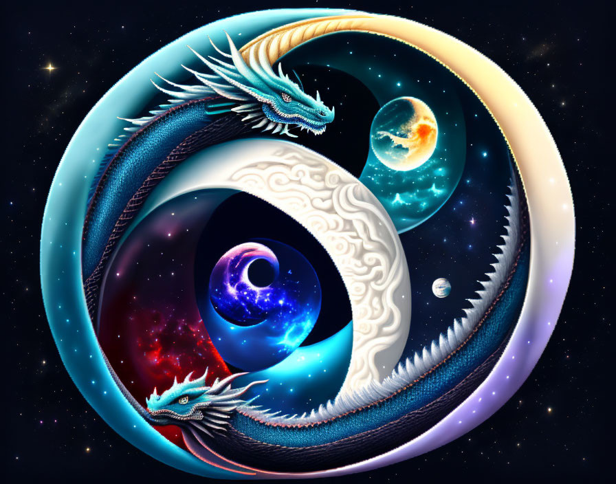 Illustration of two dragons in yin-yang formation against cosmic backdrop