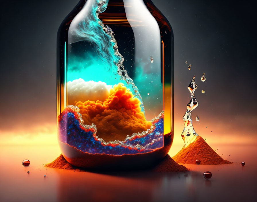 Vibrant explosive cloud in glass bottle with liquid splash against warm background