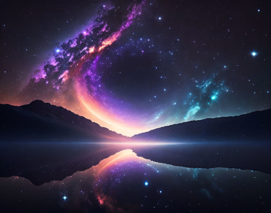 Colorful cosmic skyline over serene lake with galaxy arc above mountains.