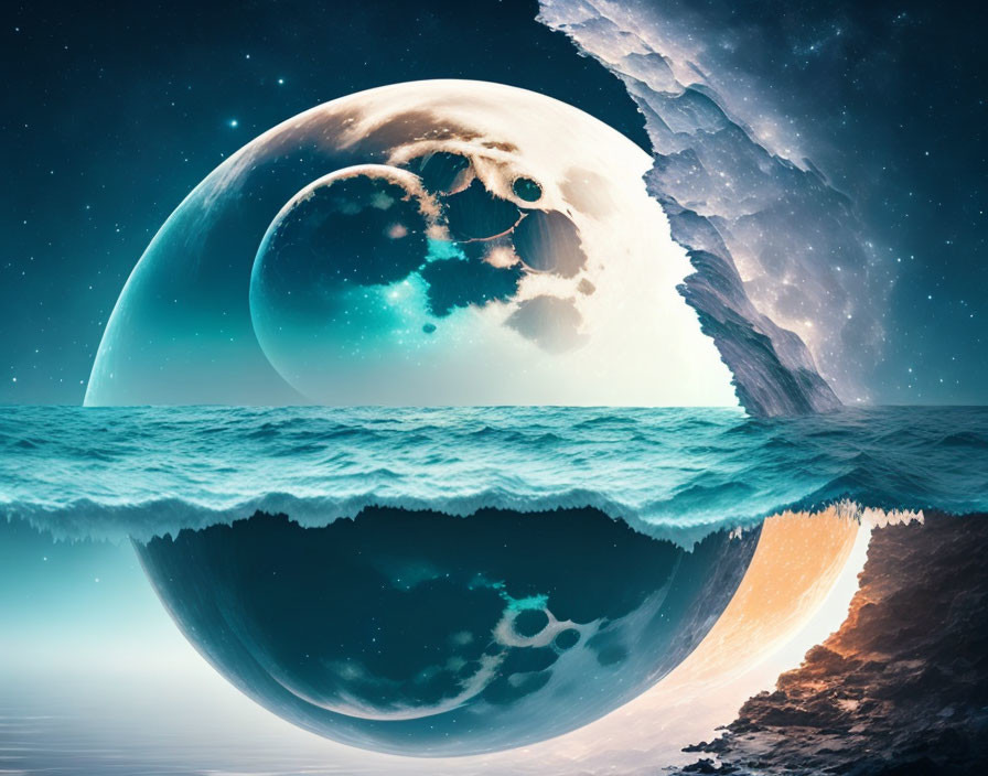 Surreal seascape with giant planet, starry sky, and rocky cliffs