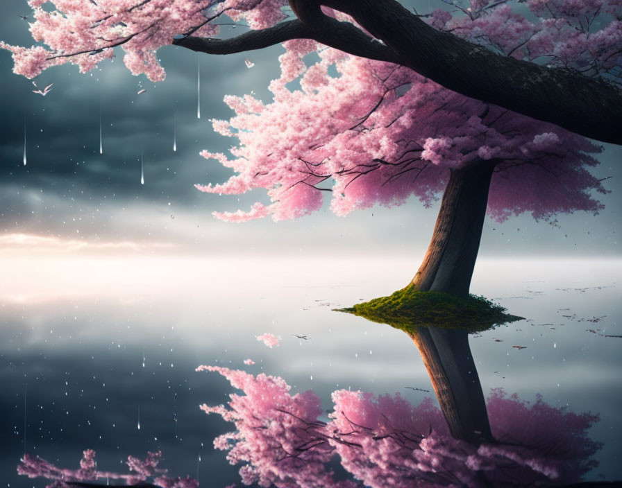 Cherry Blossom Branch Over Cloudy Sky with Rain