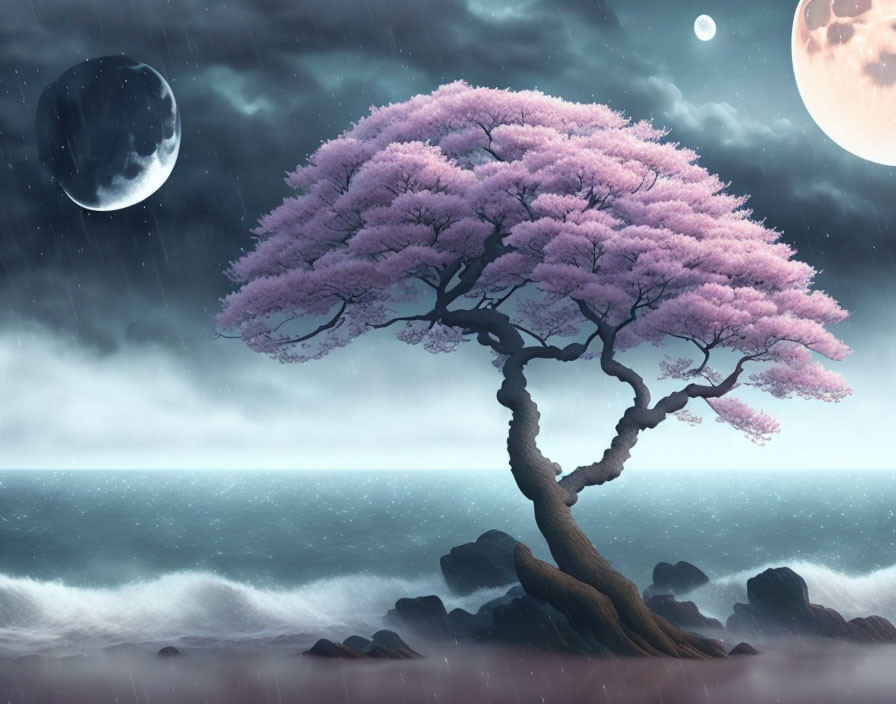 Cherry Blossom Tree on Rocky Shore under Night Sky