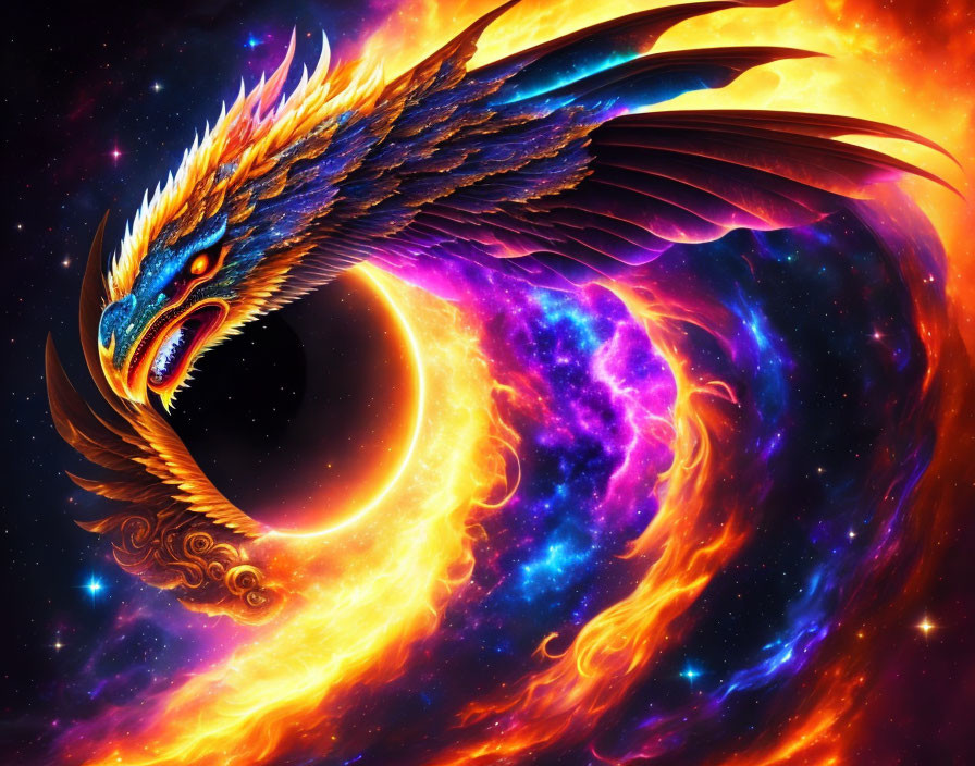 Mythical phoenix with fiery wings in cosmic background