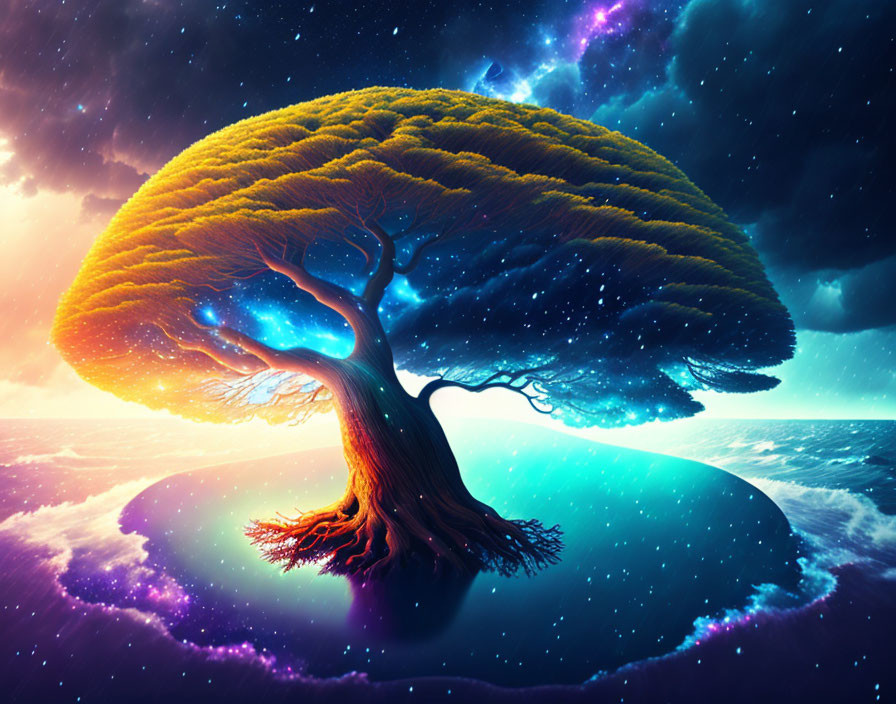 Colorful tree with vast canopy on cosmic island with stars and ocean.