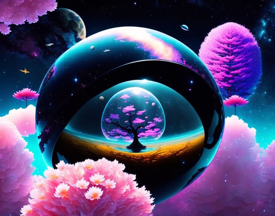 Colorful surreal cosmic landscape with glossy orb and vibrant trees