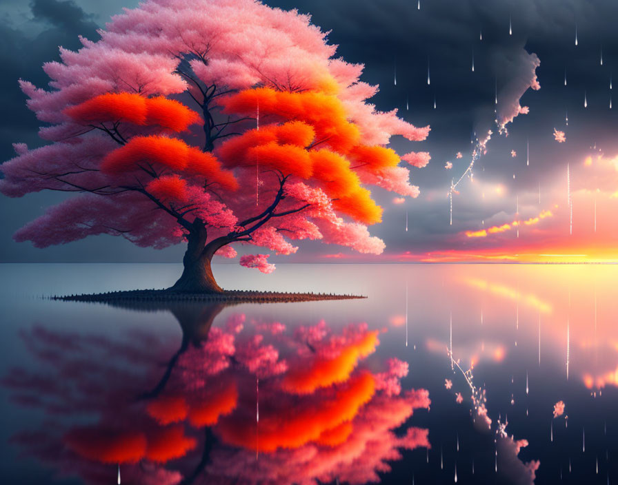 Vibrant pink tree reflected in water under dramatic sky with rain streaks.