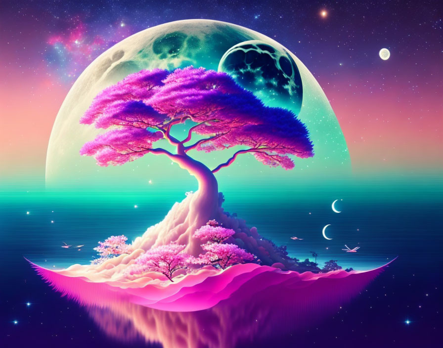 Colorful Fantasy Landscape with Large Purple Tree on Island