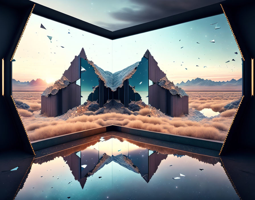 Surreal Room with Mirrored Floors and Fantastical Landscape